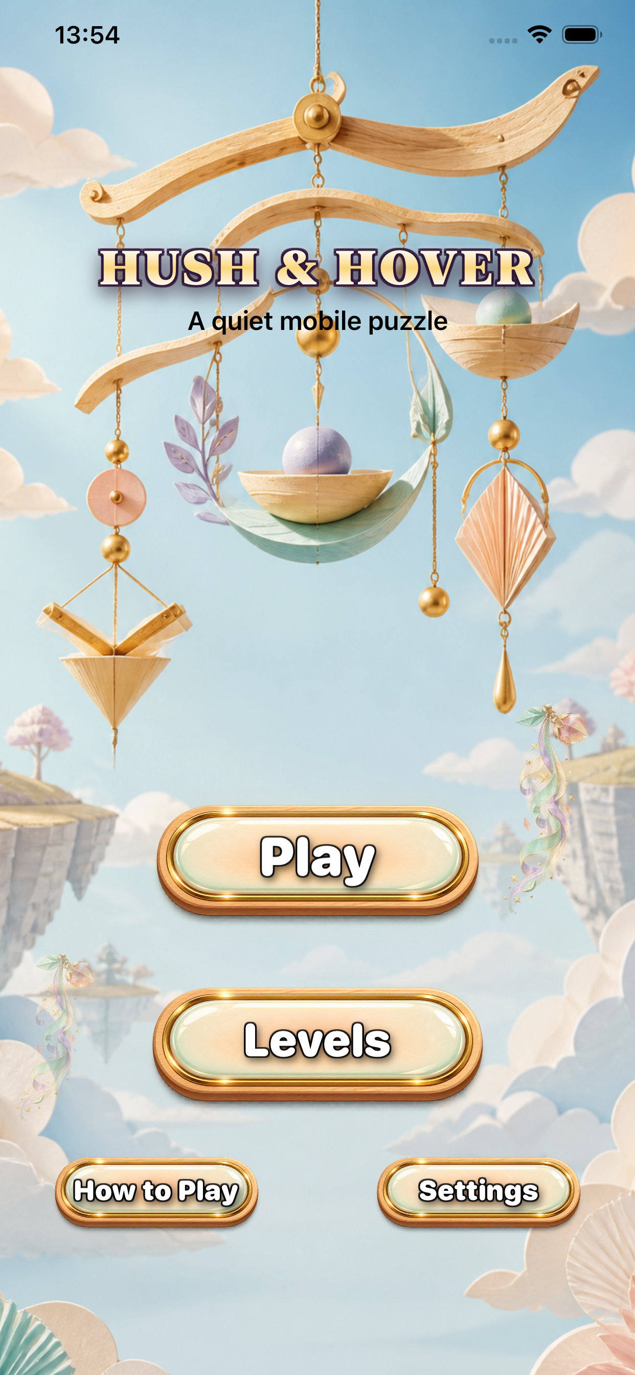 Hush and Hover home screen with a floating wooden mobile